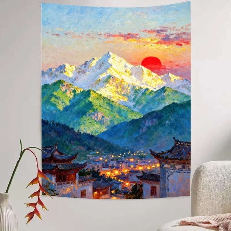 VIKAMA Sunrise Tapestry - Oil painting style wall hanging decoration for tea room, bedroom and home interior.