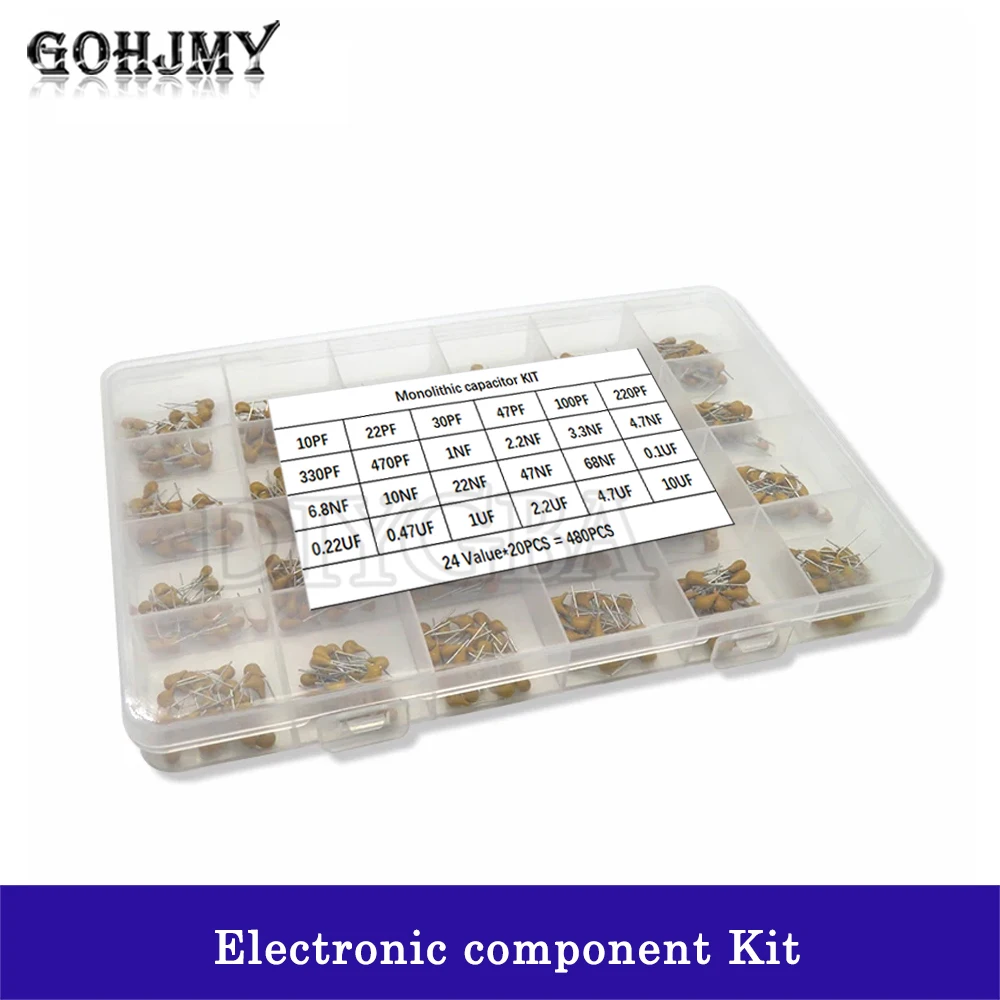 24values*20PCS =480PCS Monolithic Ceramic Capacitor 10pF~10uF ceramic capacitor Assorted Kit + BOX