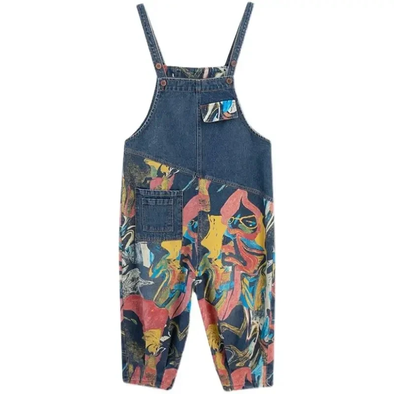 Vintage Patchwork Printing Denim Jumpsuit Women Casual Loose Wide Leg Dungarees Baggy Pants Rompers Spring Summer Jeans Overalls