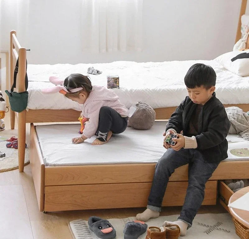 체리나무 원목 어린이침대, 일본식 통나무 이층침대, 서랍트레일러 포함, 엄마와 아이 침대