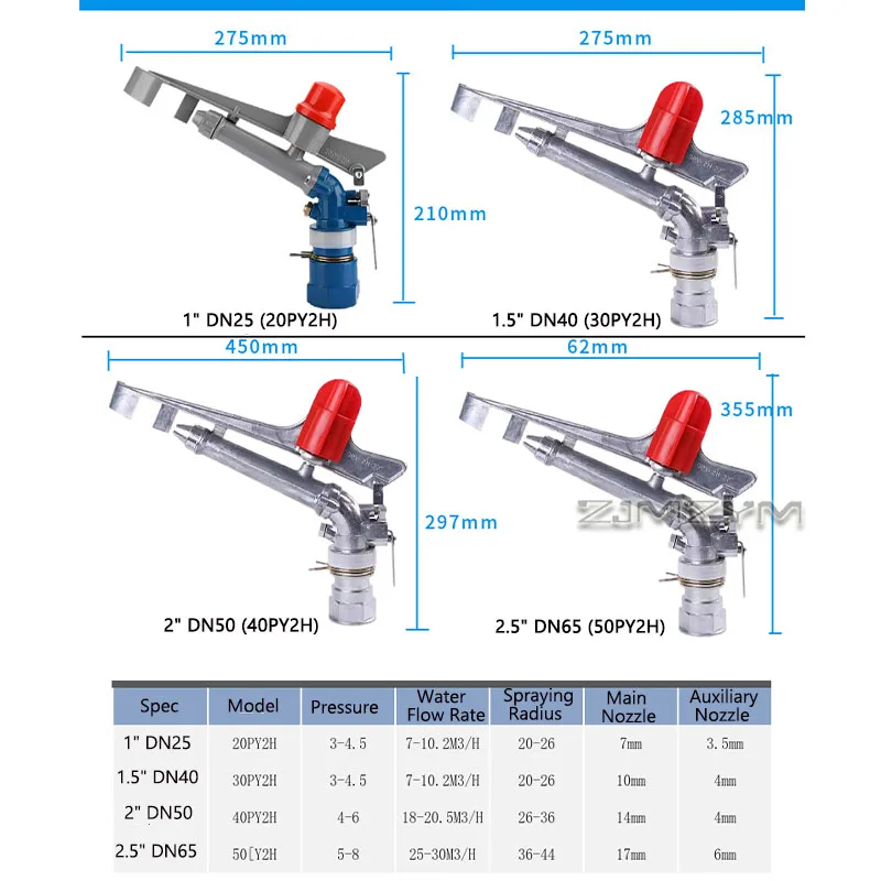 Rocker Arm Rain Gun Sprinkler Aluminum Alloy Agricultural Irrigation Gun Adjustable 360° Fan Spray Nozzle for Farmland Garden