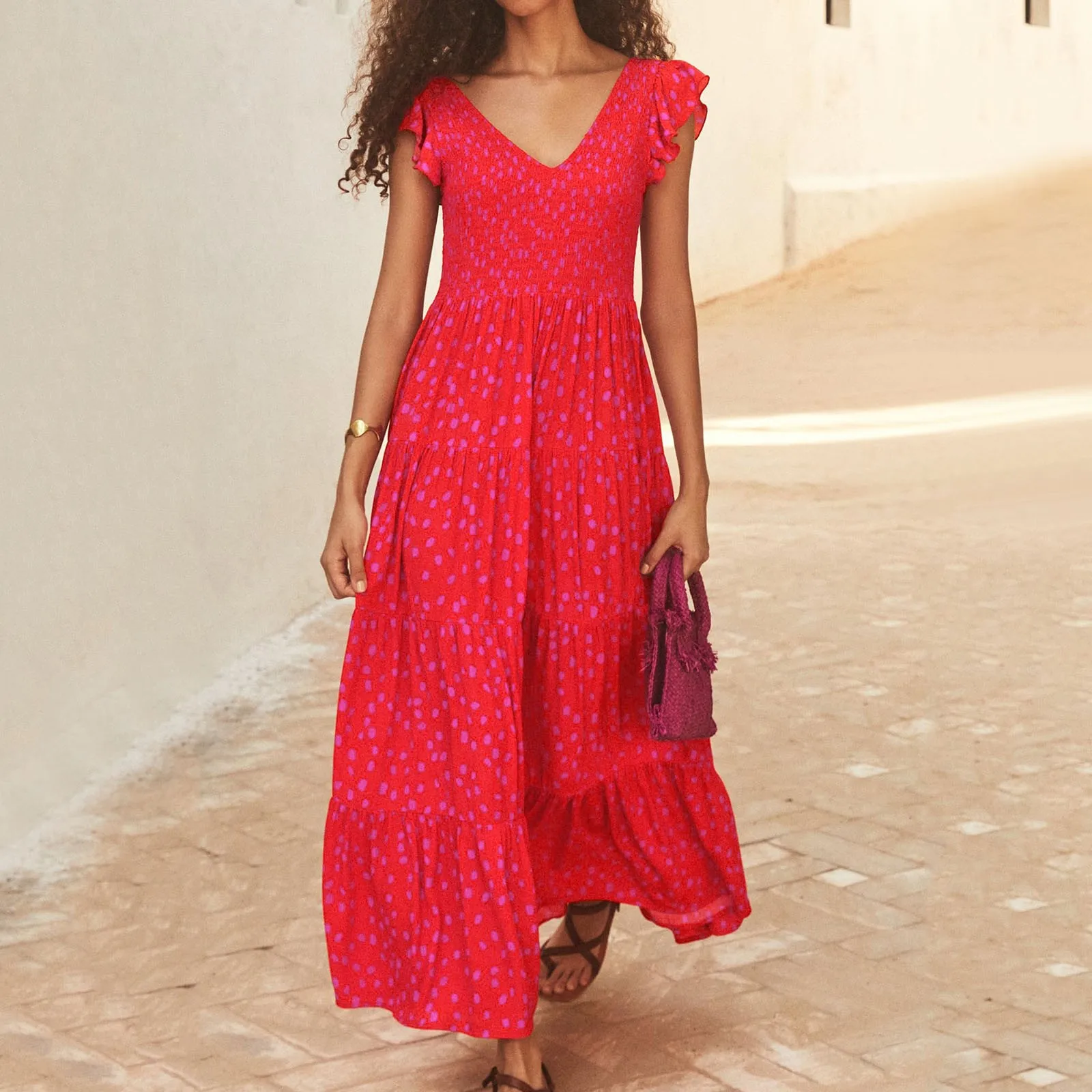 

Boho Summer Long Dress Women Elegant V Neck Short Sleeve Large Hem Flowy Maxi Dress Vintage Beach Party Dress 2024