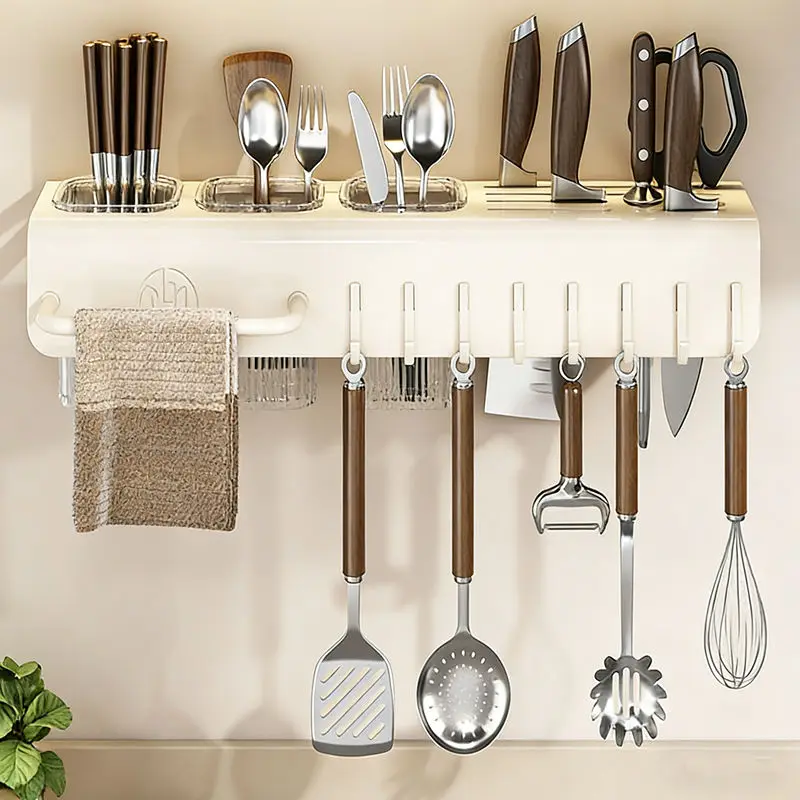 Wall Mounted Knife Holder, No Drill Kitchen Utensil Organizer with Removable Chopstick Cage, Knife Spatula Hanger Drain Rack