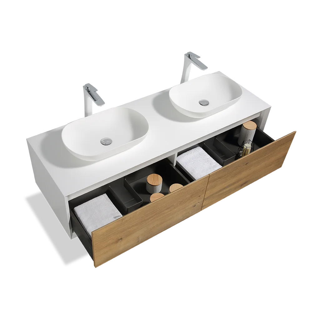 Luxury 63in Double Basin Wall Hung Cabinet with Patented U Drawer System and MDF Lacquer Top for Bathroom Projects