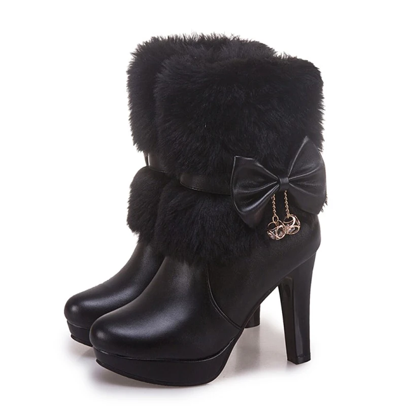 Bottes d'hiver à nœud papillon pour femmes, talons hauts de 10CM, bottes courtes à plateforme en fourrure rose, chaussures d'extérieur à enfiler en cuir PU, nouvelle collection 2025