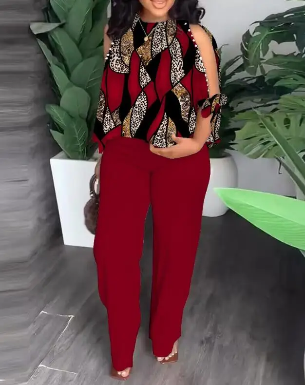 Conjunto casual de calças de cintura alta e manga dividida com decote em o para mulheres, conjuntos de 2 peças, estampa frisada, perna reta, moda,