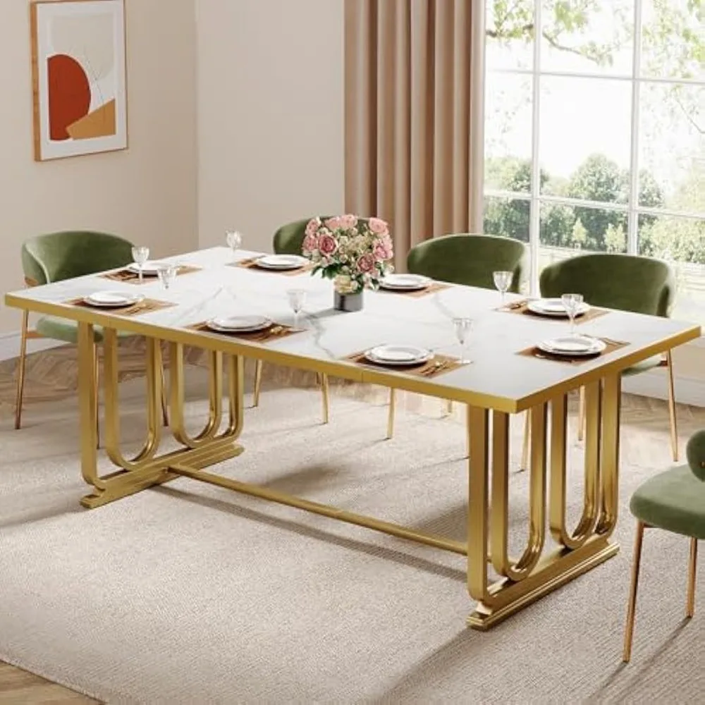 

Modern Dining Table for 6-8,70.87" Rectangle Kitchen Table,Wood Dining Room Table with Faux Marble Tabletop and Golden Metal Leg