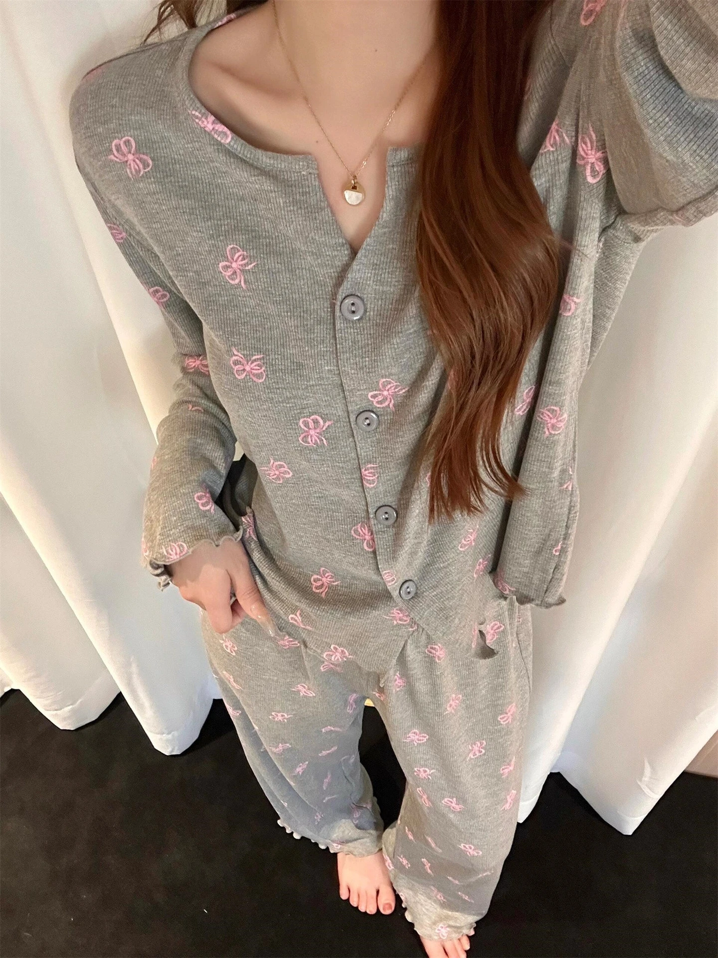 Women Bow Print Pajama Set Long Sleeve Button Top & Pants 2Pcs Autumn Soft Loungewear Soft Comfortable Sleepwear Home Clothes