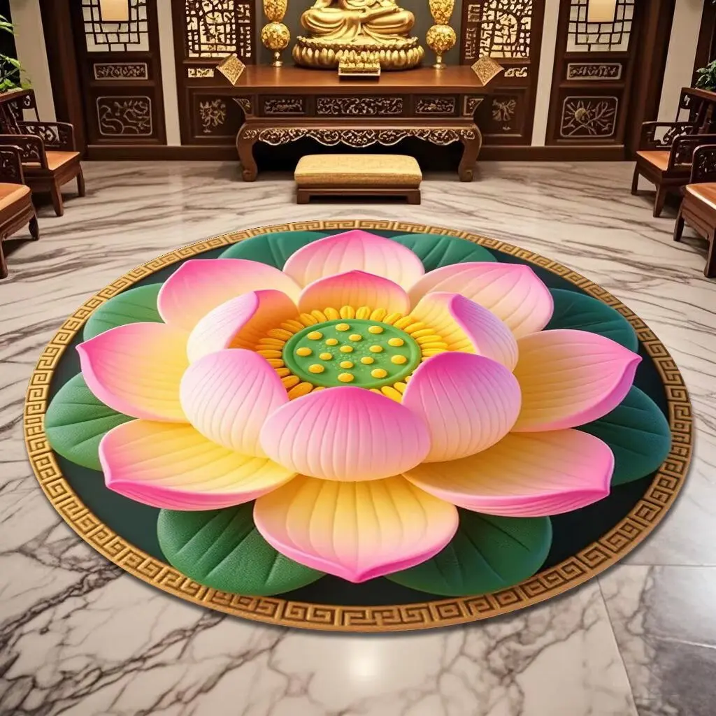 Modern Lotus Pattern Round Carpet Lint-free Decoration Home Living Room Rug Antiskid Soft Room Decor Chair Mat Easy Cleaning