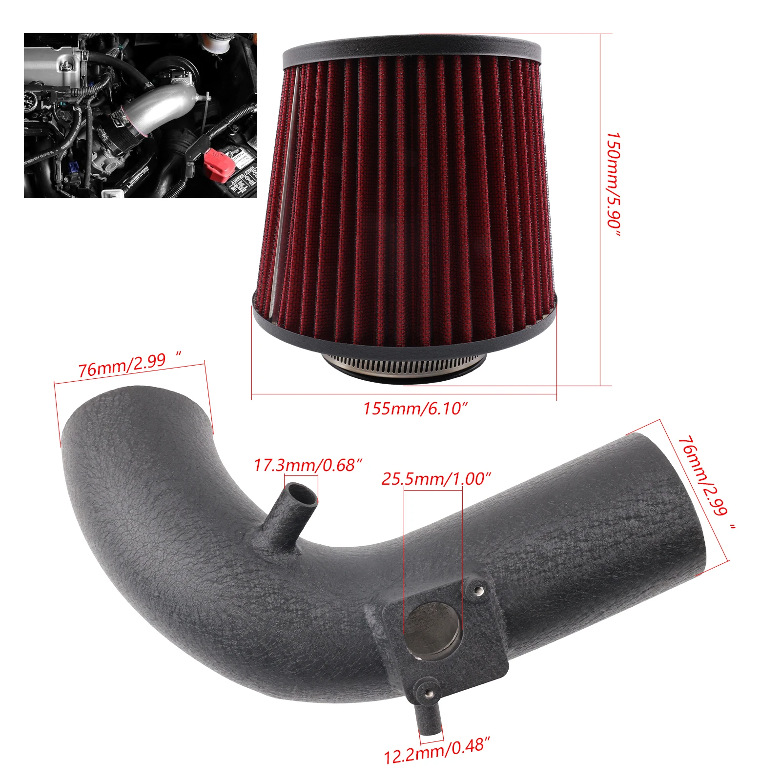 

Air Filter+Inlet Pipe Kit Cold Air Intake Kit Short Ram for Civic Si 12-15 & 13-15 Acura ILX 2.4L