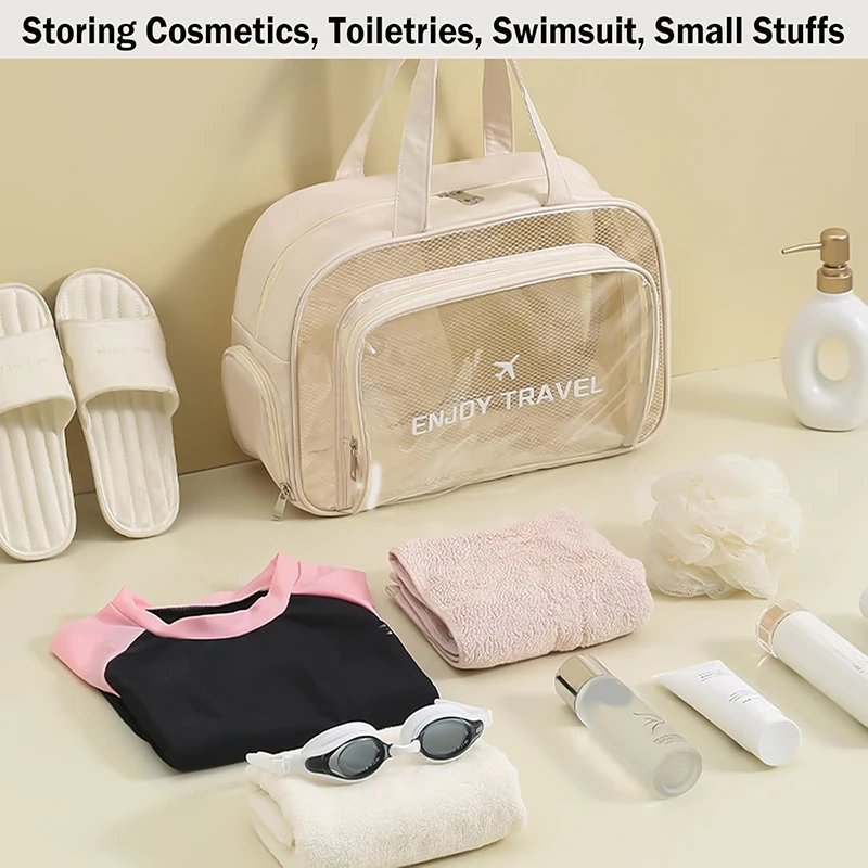 حقيبة أدوات الزينة الشفافة للشاطئ للنساء مقاومة للماء بسعة كبيرة 14 بوصة من مادة PVC للسفر منظم مستحضرات التجميل مع سحاب معدني