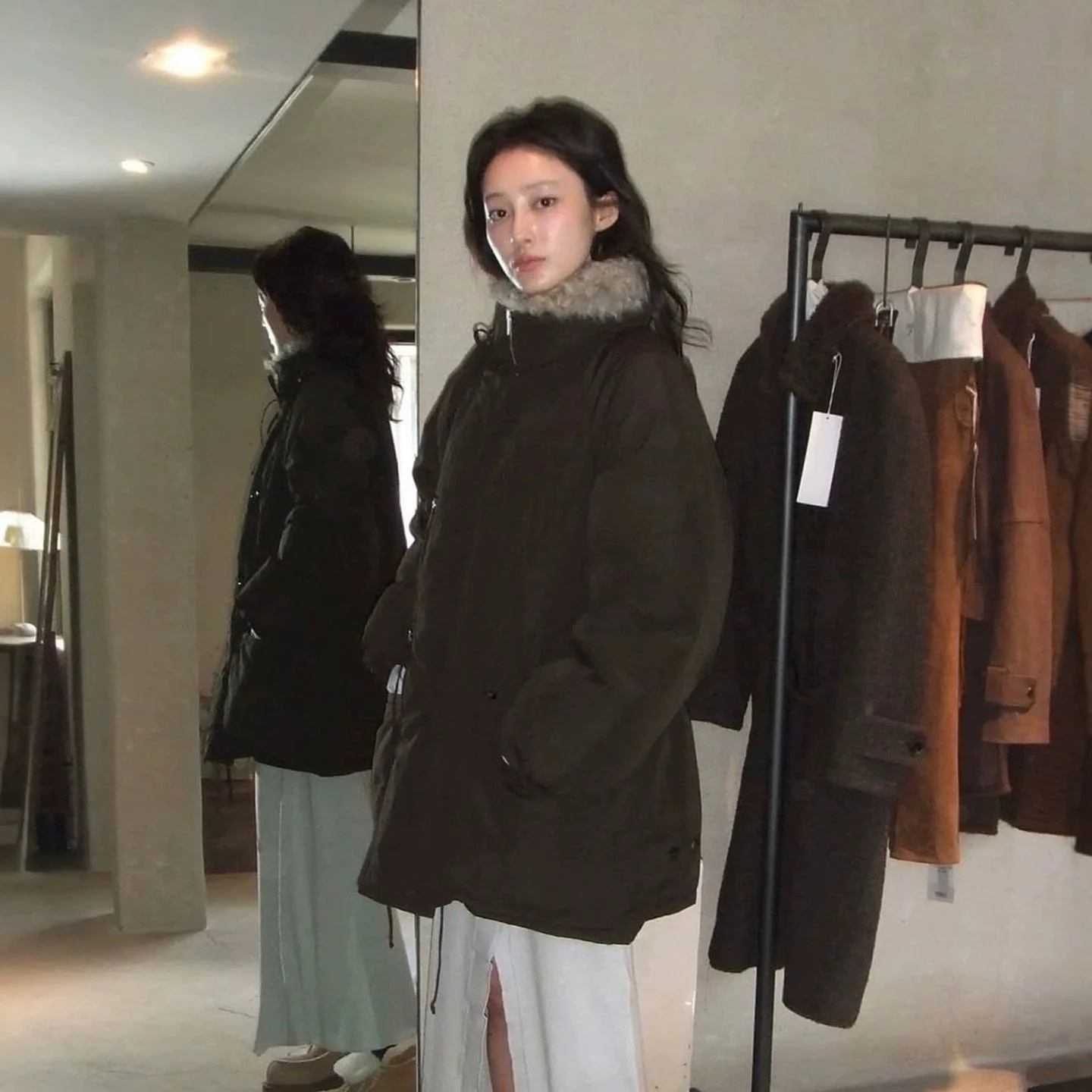 

Veso Retro Parka ort Warm Du down Jaet Casual Fur Collar Korean Sle Nylon Fabric No Hat Design Medium Thin