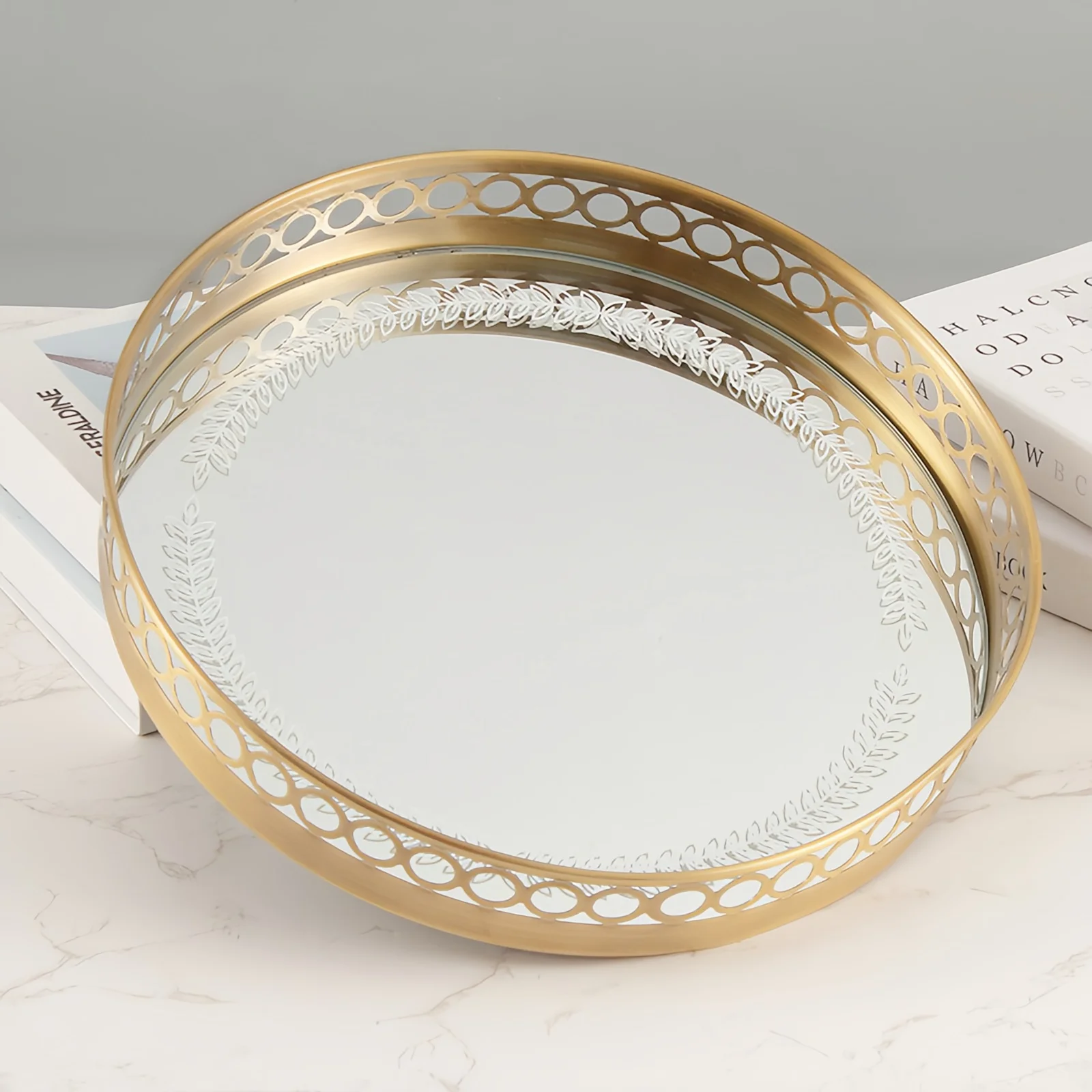 

Light luxury mirror brass tray rotatable cosmetics storage tray living room decoration bedroom high-end storage tray