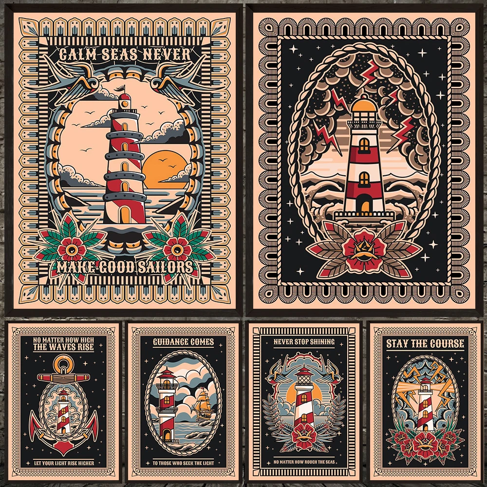 

Anchor & Lighthouse,Abstract Vintage Wall Art Canvas Painting,Guidance Comes Lighthouse Art Poster And Print Home Decor Unframed