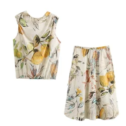 TRAF 2024 Summer New Product Women's Style Versatile Printed Sleeveless Top High Waist Straight Tube Midi Half Skirt Set