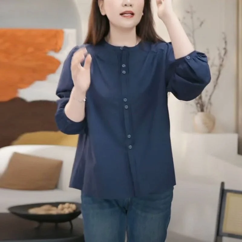 

Женская новинка 2025 года, сшитая модная однотонная универсальная повседневная рубашка с круглым вырезом и пуговицами с длинными рукавами