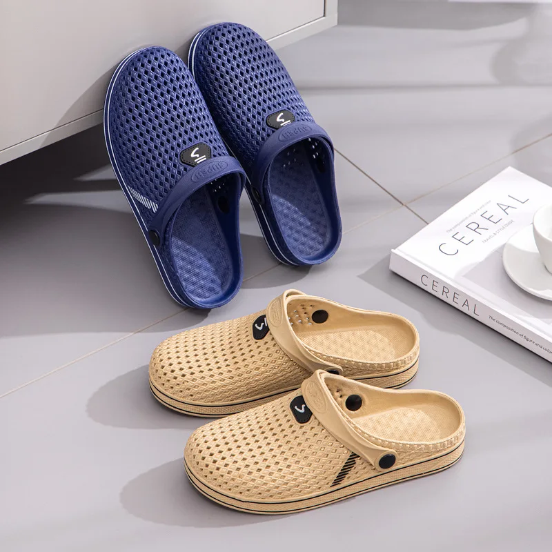 

Men's Summer Flip Flops Thicken Bottom Anti-Slip Outdoor Beach Shoes Half Slippers Breathable Flat Heel Pure Color PVC Material