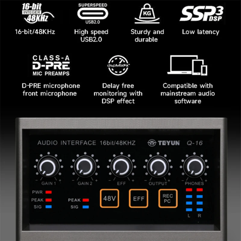 Imagem -02 - Placa de Som de Áudio Profissional Monitor de Guitarra Elétrica Gravação Transmissão ao Vivo Canto Computador pc Estúdio Teyun-q16