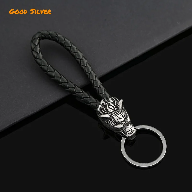 Wolf head titanium steel diy Car key chain for men,316 Stainless steel vintage weave leather rope keychain.