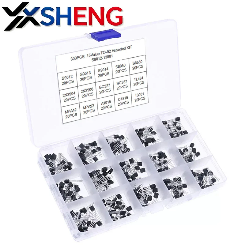 300PCS 2N3906 2N3904 S9012 S9013 S9014 S8050 S8550 BC327 BC337 TL431 MPA42 MPA92 A1015 C1815 MJE13001 15Value TO-92 Assorted KIT