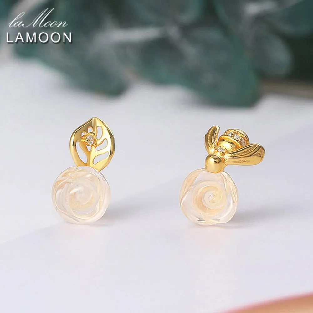 

Серьги-гвоздики LAMOON Rose & Bee из стерлингового серебра 925 пробы для женщин, серьги-гвоздики из розового кварца с драгоценными камнями, позолоченные 14 карат, ювелирные изделия LMEI120