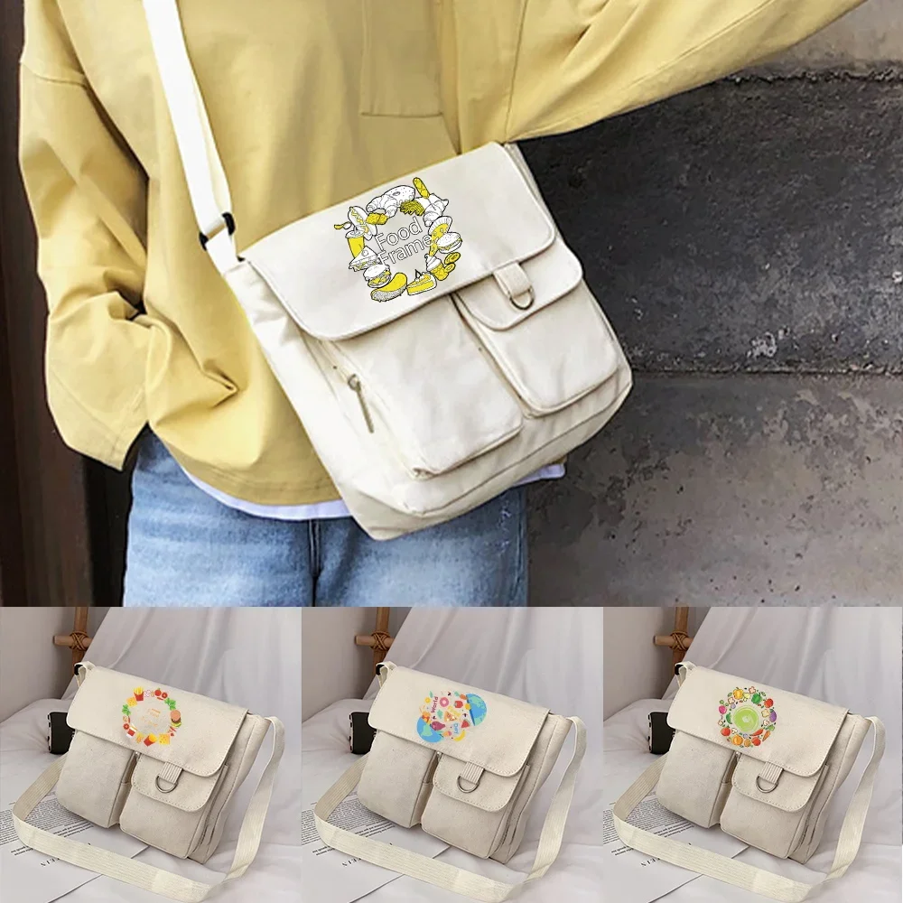 

2024 Women Shoulder Bag Youth Casual Canvas Crossbody Bags Simple Student Style Wild Postman Case Food Print Diagonal Cross Bag