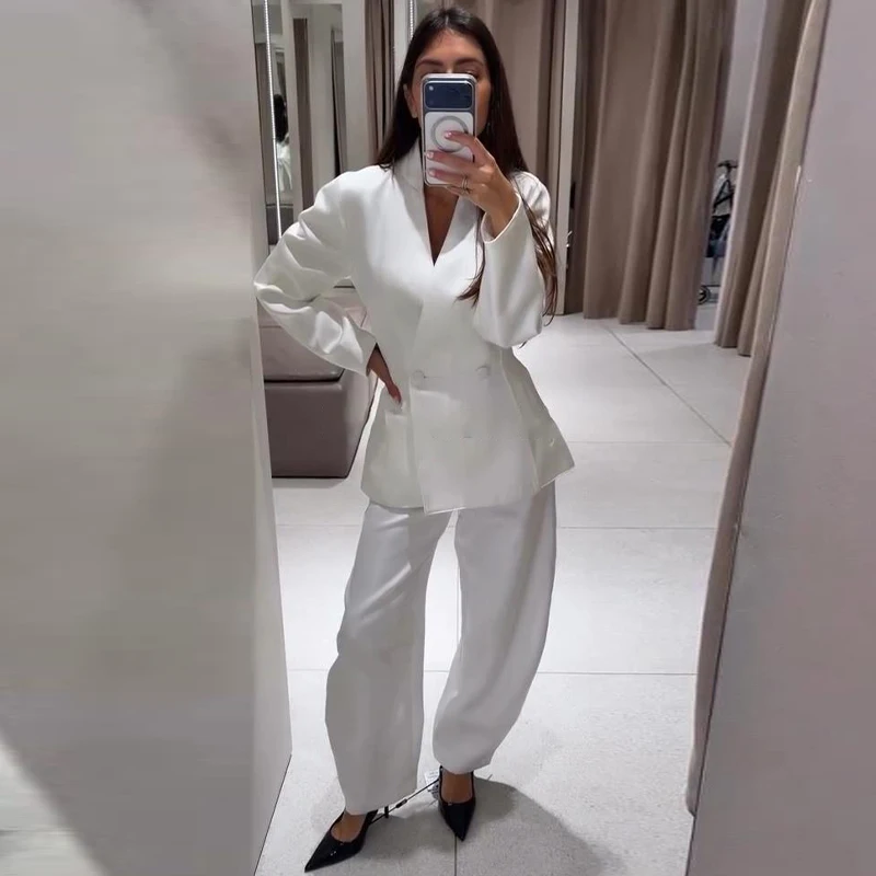 Satin V-Ausschnitt Tailliertes Anzugjackett für Damen Elegante Langarm Doppelreihige Schlichte Schlanke Mäntel Modische Damen Neue Oberbekleidung – Detail 5