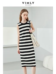 Vimly Striped Casual Straight O-neck Knitted Tank Dress 2024 Spring High Strecth Sleeveless Midi Dresses Female Clothing 72728