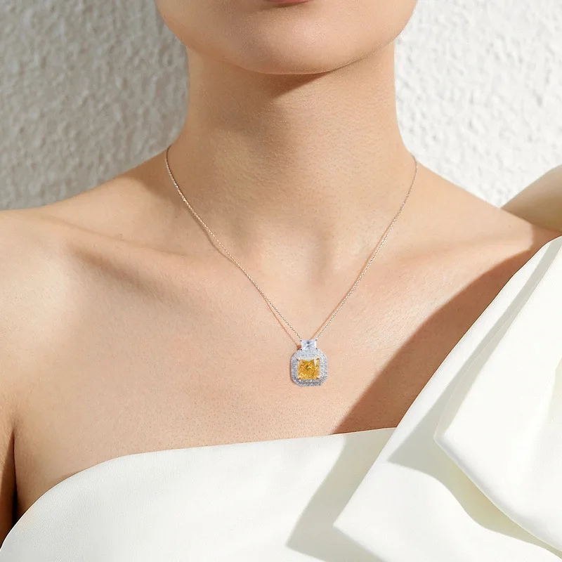 18K Gold Inlaid with Colored Baby Stones PT950 Platinum Ice Flower Cut Moissanite Square Clavicle Chain Yellow Diamond Necklace