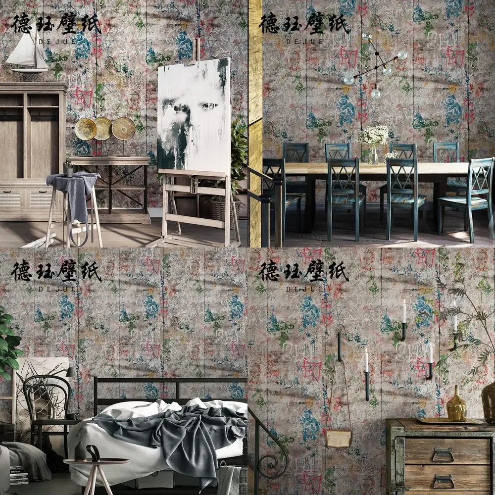 

Retro Cement Gray Industrial Graffiti Wallpaper Non Self Adhesive for Restaurant Hot Pot BBQ Shop Background Wall Decor