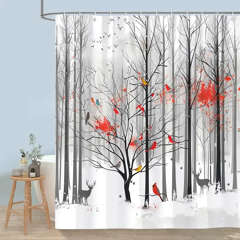 

LKX01Cute Forest Animals Shower Curtain Winter Snow Fox Red Bird Deer Bear Rabbit Polyester Shower Curtains Bathroom Decor w2Hb$