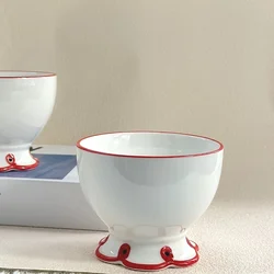 1 PC, creative and cute ceramic high legged bowl, shaped bowl, red border dessert bowl, ice cream bowl, sugar water bowl, baking