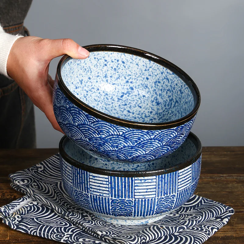 Japanese Blue Edo Wave Ripple Noodle Bowl Restaurant Ceramic Creative Hand Painted Commercial Soup Ramen Noodles Rice Bowl