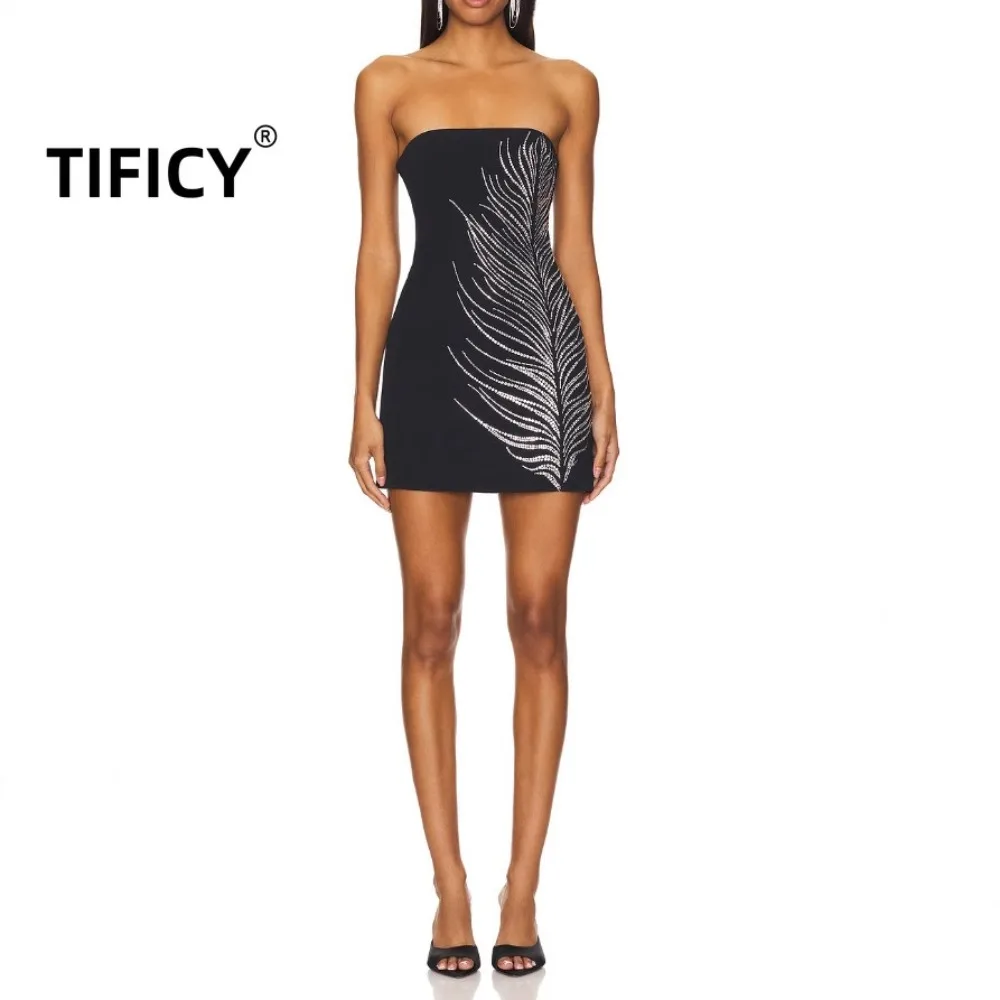 

High Street Dress Women's Heavy Industry Nail Bead Embroidery Feather Crystal Decoration Tight Corset New Y2k Strapless Dress
