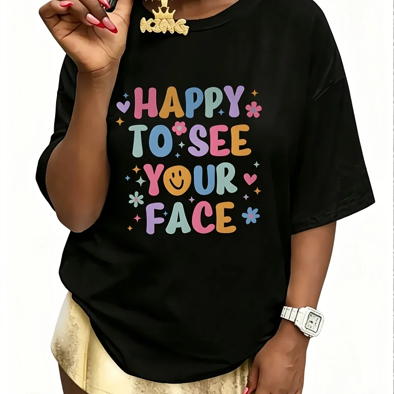 Happy to See Your Face Back to School Women's 100% Cotton T-Shirt Fun Print Short Sleeve Top Casual Round Neck Tee S-5Xl