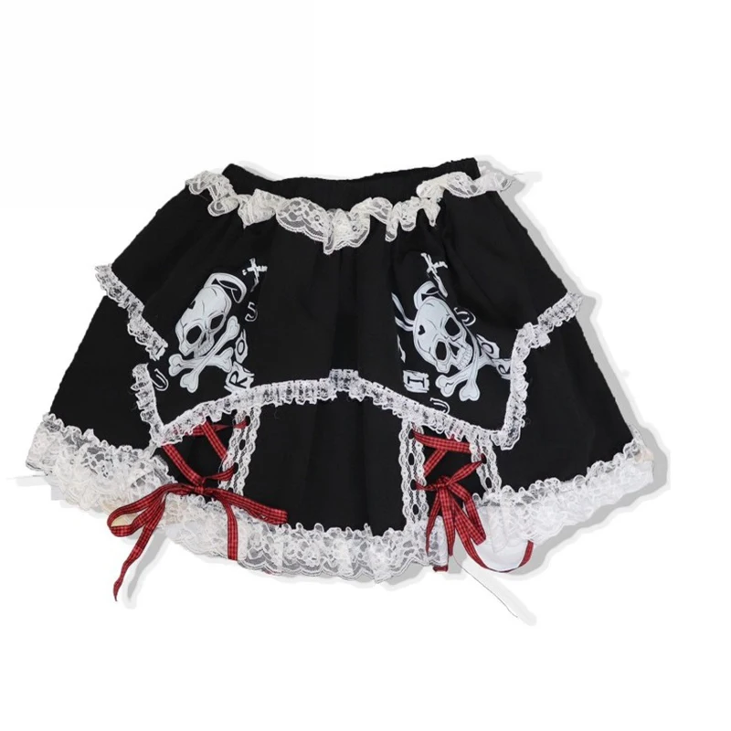 Japanse Harajuku Vrouwen Rokken Gothic Schedel Print Zwarte Kanten Rok Y 2K Punk Lolita Hoge Taille Cake Mini Rok Chique Streetwear