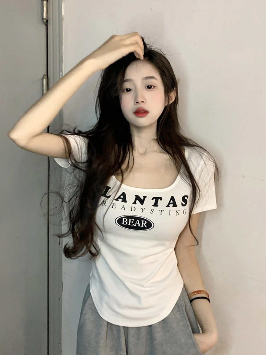 plus Size Korean Sle Pure Desire Spicy Girl U-Ne ort Sve T-irt Faionable Versatile Base Layer Women's Slimming Top