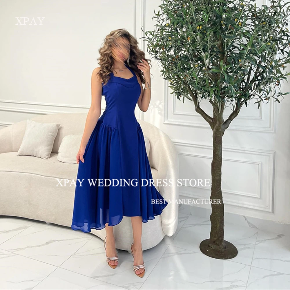 

XPAY Halter Blue A Line Short Prom Party Dresses Saudi Arabic Tea Length Cocktail Dress Night Formal Event Dress Vintage