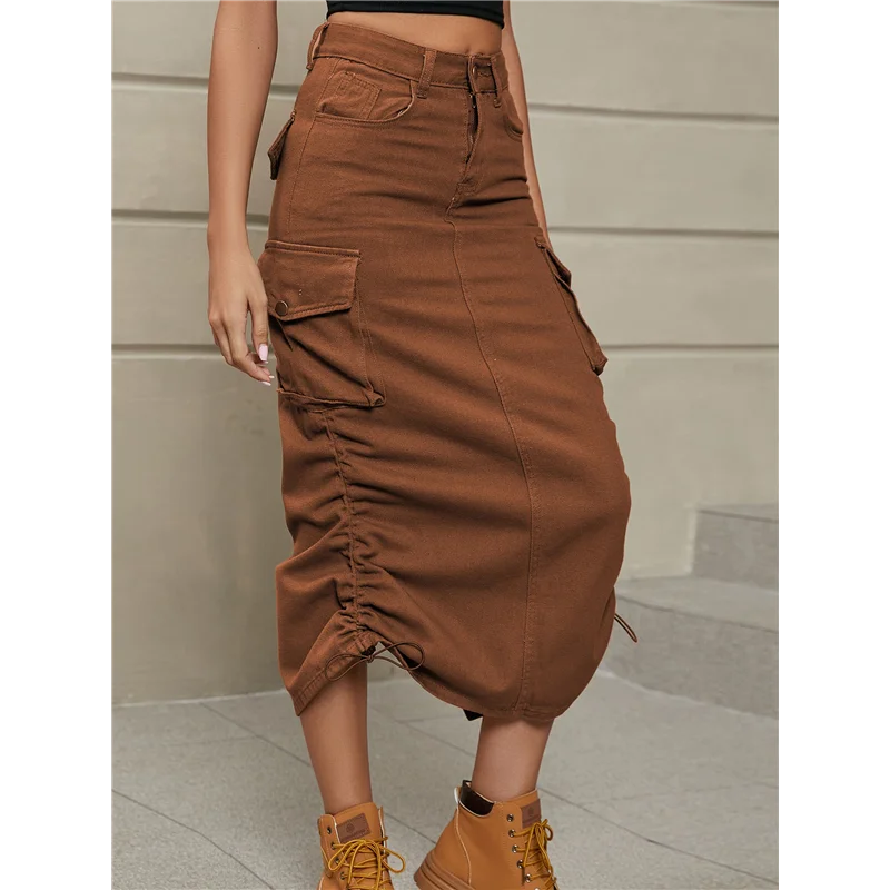 تنورة من الدنيم تحت الركبة، تنانير جينز عالية الخصر للنساء