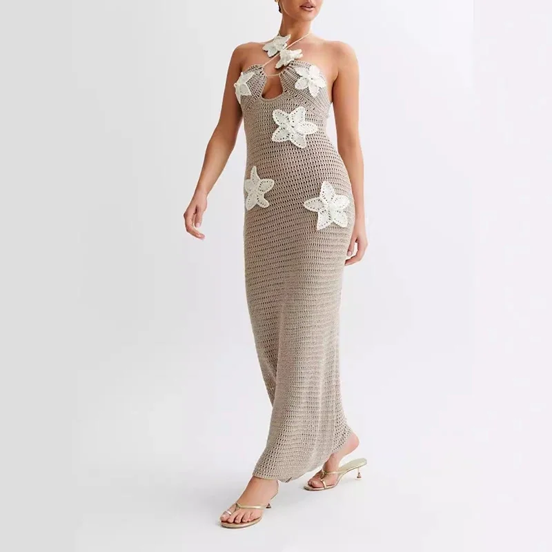 Appliques licou robe Sexy femmes fleur tricot voir à travers longue robe élégante plage vacances été tendance Clubwear robe moulante