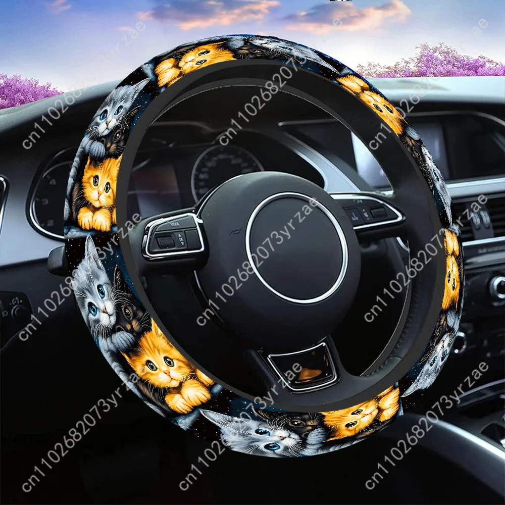 

Starry Night Kittens-printed Steering Wheel Covers Anti Slip Elasticity Car Accessories Steering Wheel Protector Universal