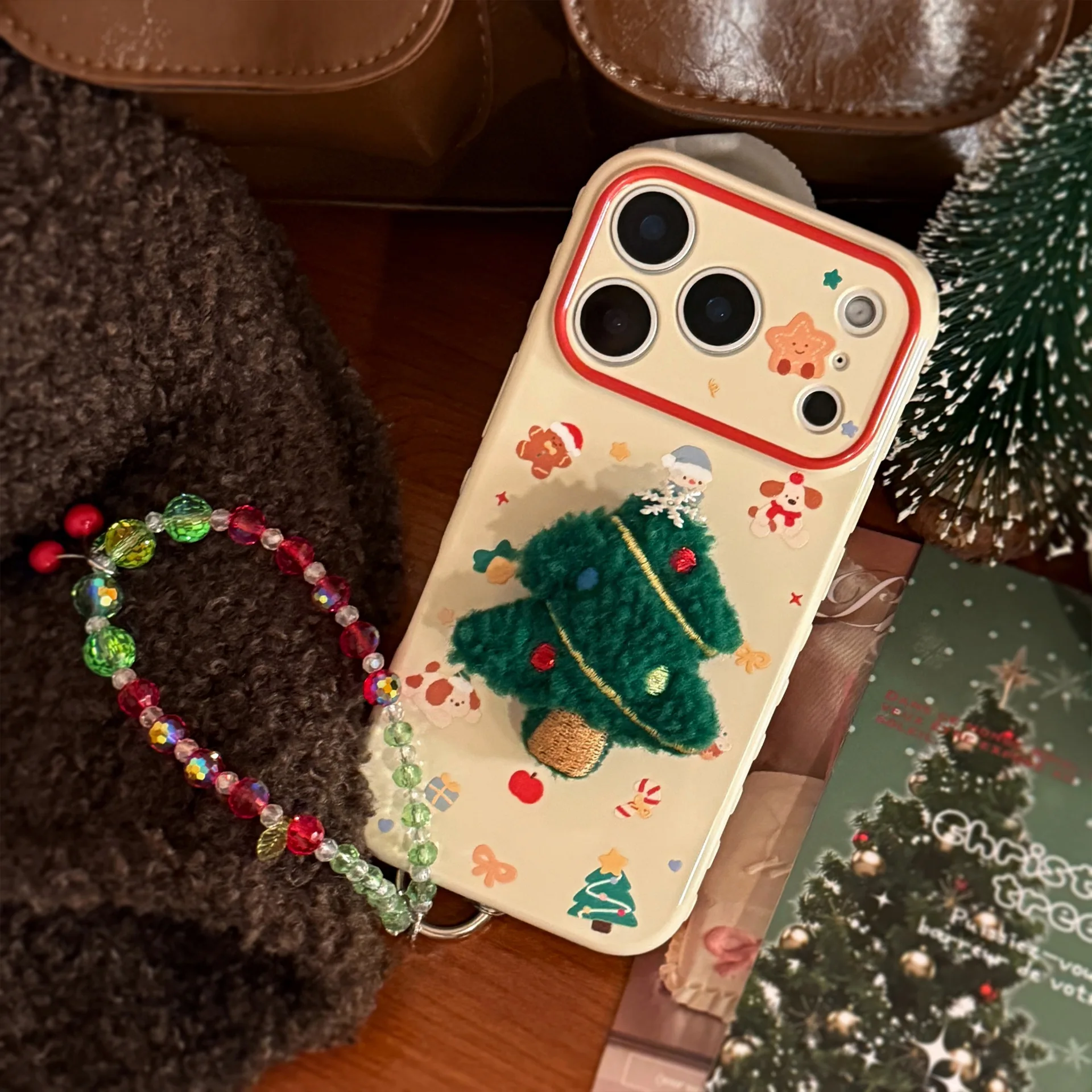 Korean 3D Plush Cartoon Christmas Tree With Chain Phone Case for iPhone 17 16 15 14 13 12 Pro Max Shockproof Protective Cover view 4