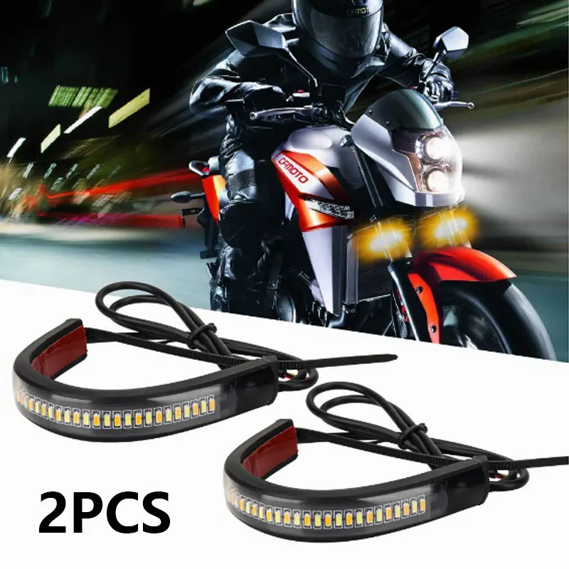 2Pcs 12V LED Motorcycle Turn Signal Light Ring Fork Strip Lamp Flashing Blinker DRL Amber White Moto Flasher Auto Accessories