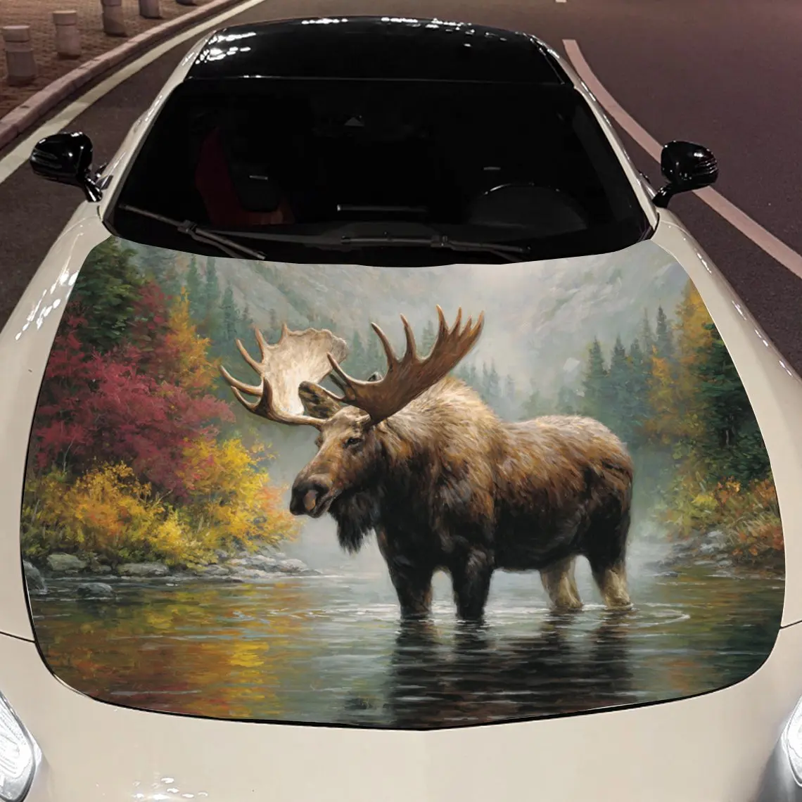 Car Decals Moose in Autumn Forest Stream Car Hood Sticker, Waterproof Self - Adhesive Vinyl Graphics Decals, Decorative Protecti