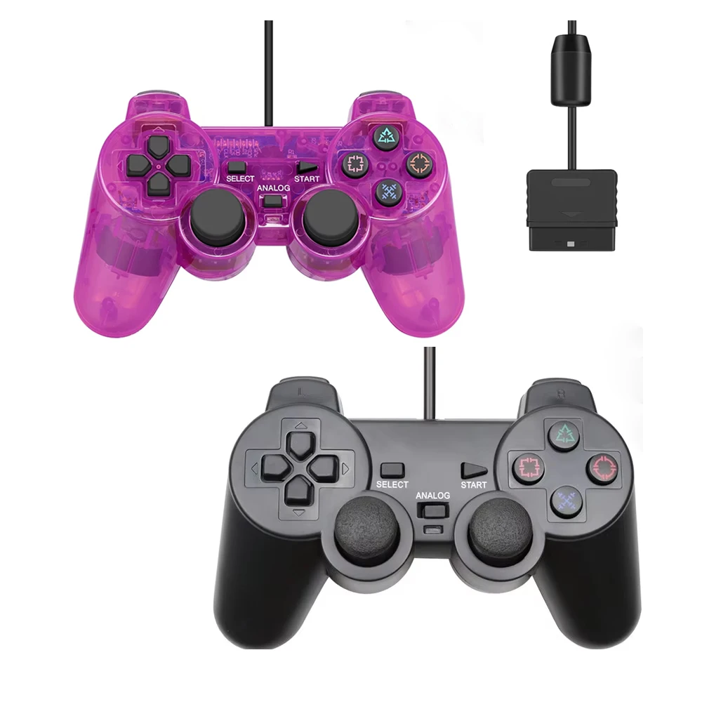 Controlador con cable para consola PS2/PS1, Joystick de vibración de Color transparente, Joypad para Sony Playstation2 mando