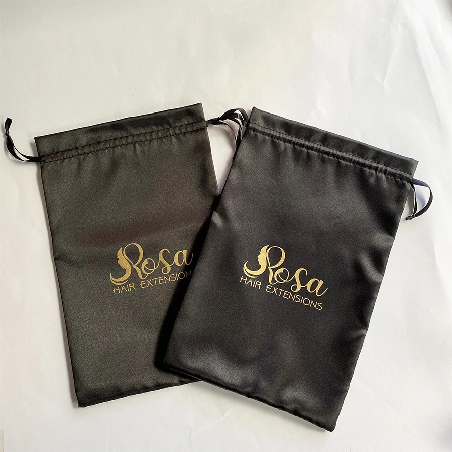 300pcs/Lot Wholesale Custom Logo Printed Hair Extensions Wig Storage Bags Drawstring Satin Silk Bag For Hair Bundle Packaging