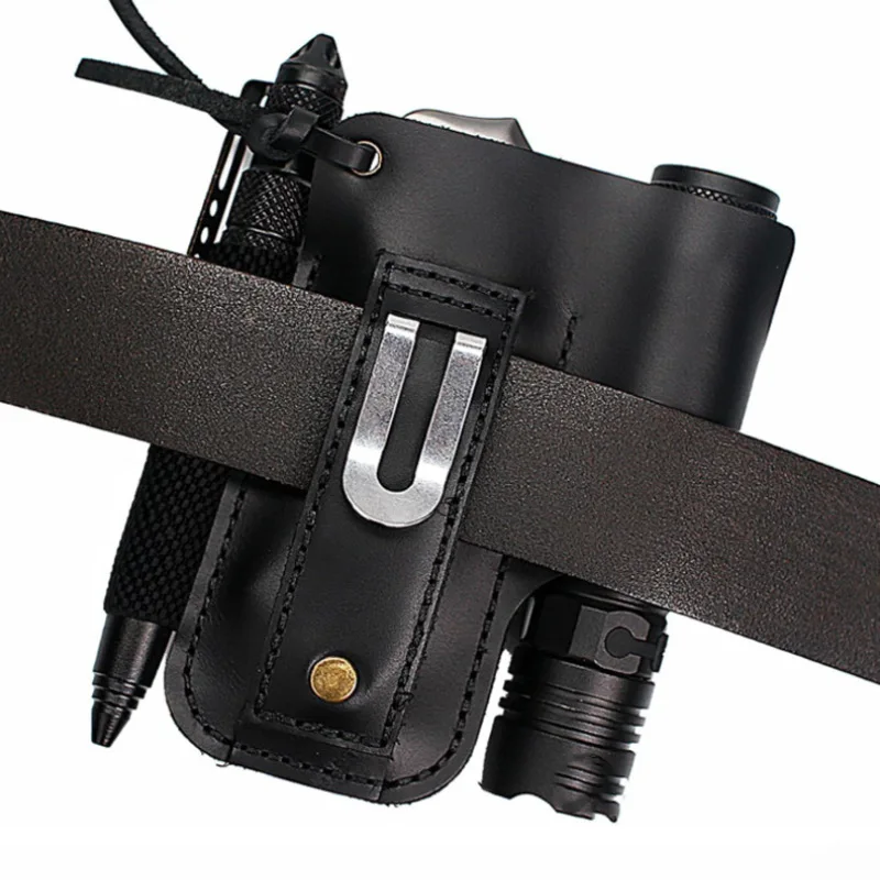 EDC Leather Flashlight Tool Holster Multi-functional Outdoor Tactical Belt Pouch for Folding Knife Storage view 4