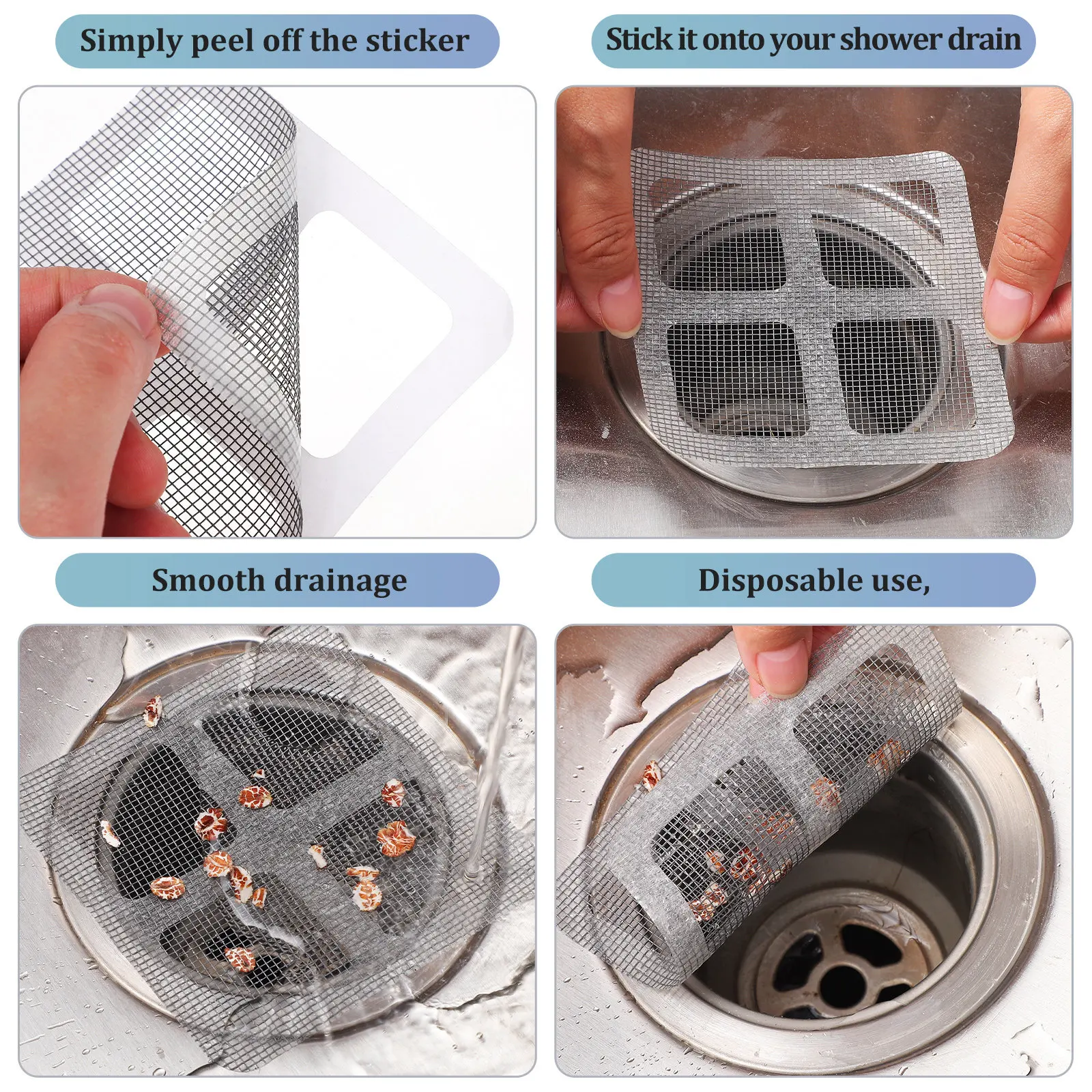 100Pcs Shower Hair Catcher Disposable Drain Stickers Mesh Filter Cover for Bathroom Kitchen Sink Shower Floor Drain Clog view 3