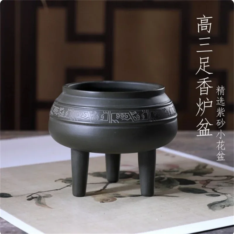 Ceramic Circle Tripedal Bonsai Pot, Inner Size 7.8cm, 3 Color, National Pattern, Dormitory Room Table, Garden Decoration, Table