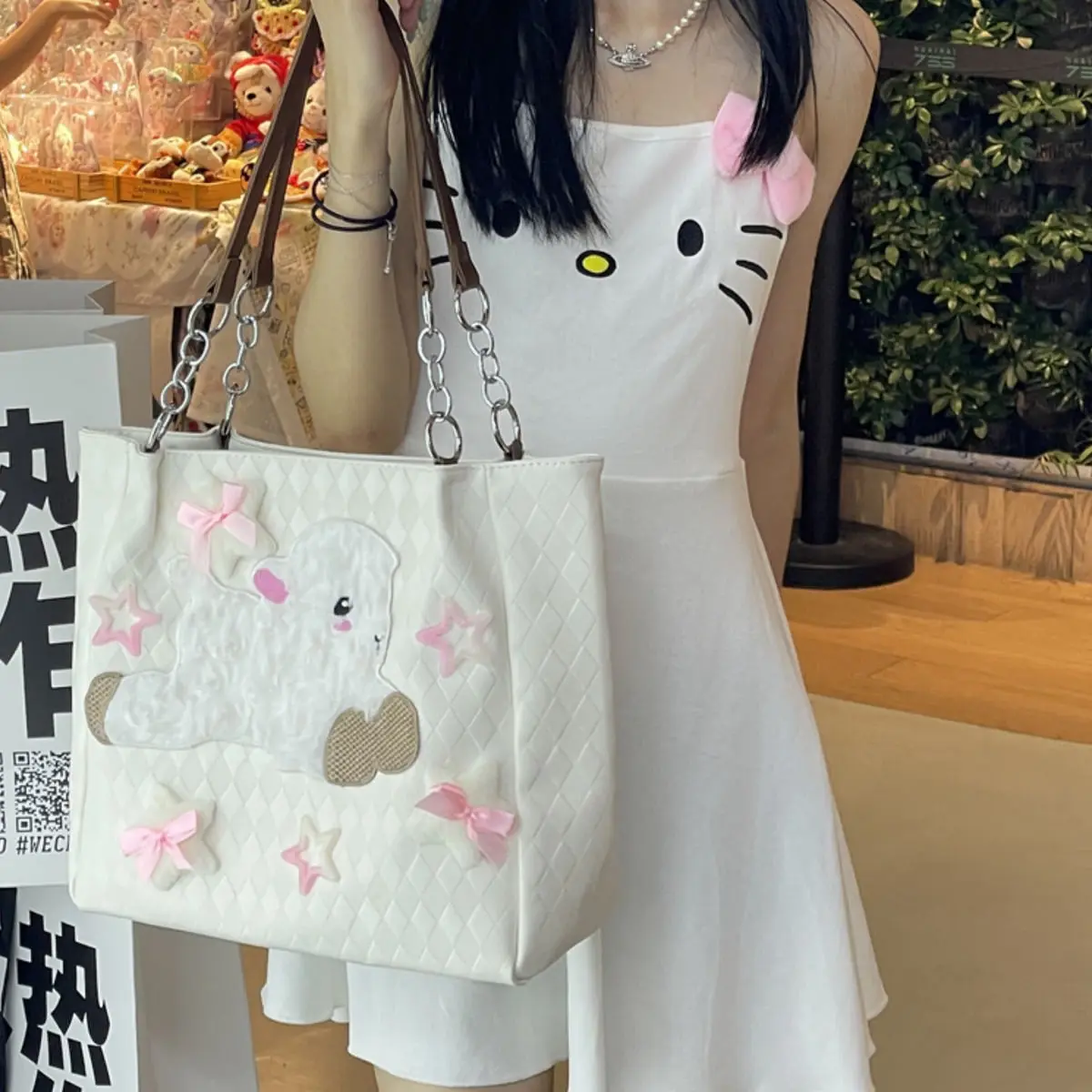 JIAERDI Harajuku Bow White Shoulder Bag Women Hot Girls Patchwork Large Capacity Y2k Bag Lady Vintage Tote Bag Bolsas Aesthetic